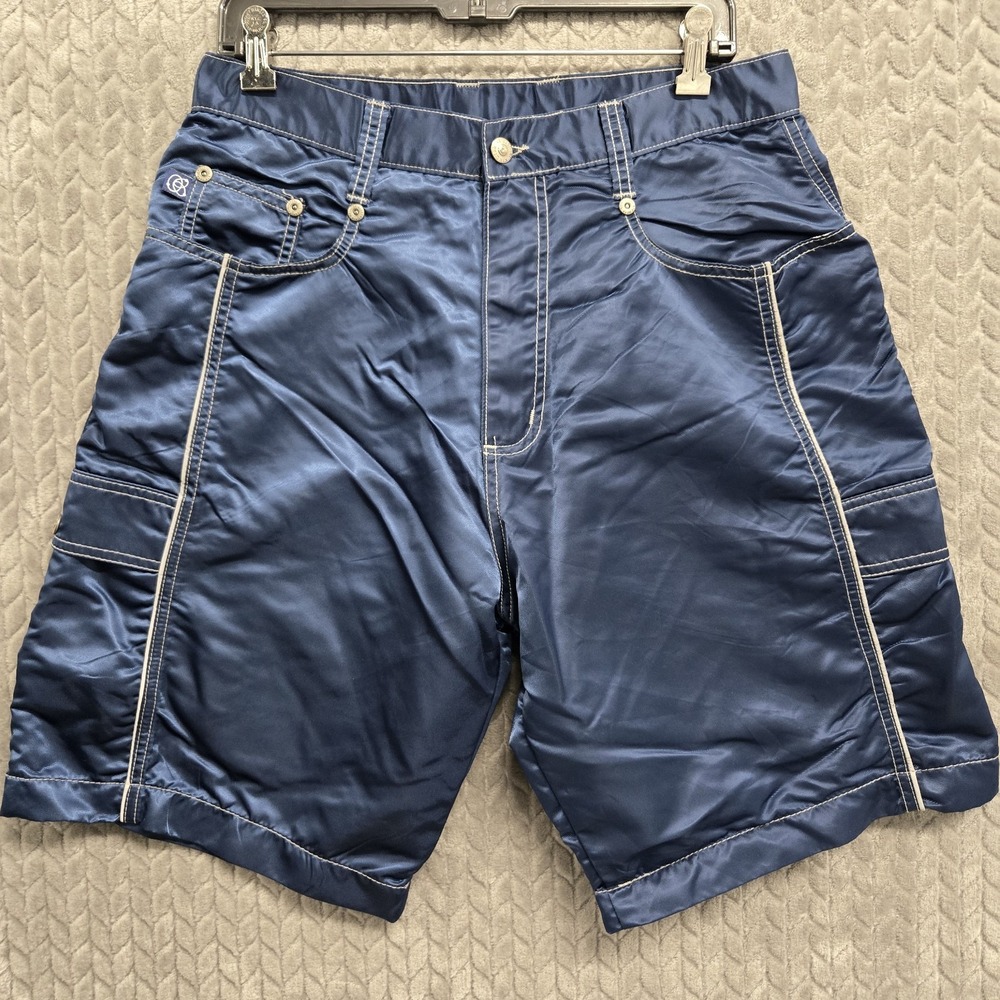 Vintage 90s Kikwear Nylon Baggy Wide Leg Raver Shorts Made USA Skater Sz 31 Blue